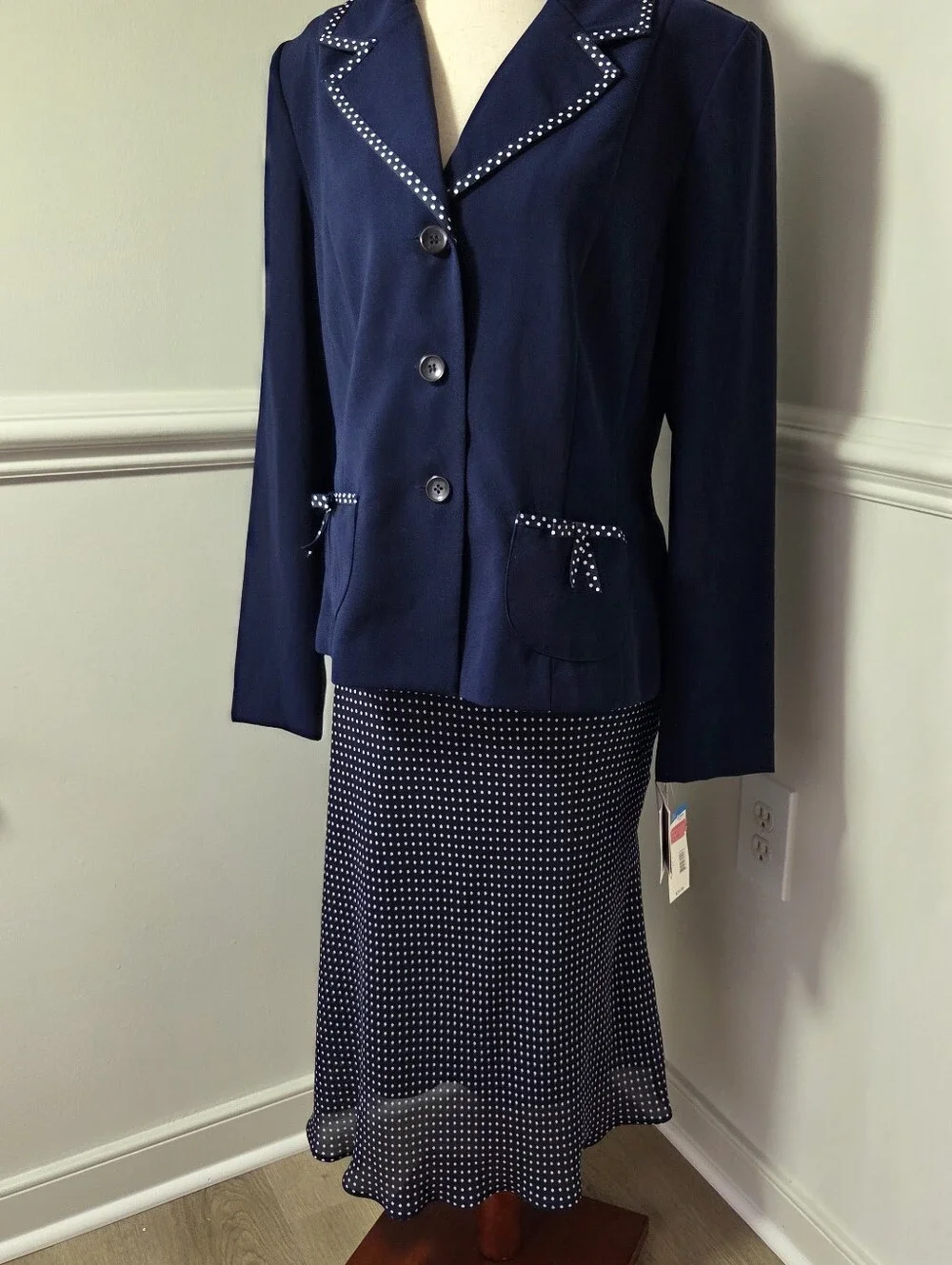 NWT Y2K Retro Polka Dot Skirt Suit Set Navy Preppy Blazer Size 8 Sag Harbor